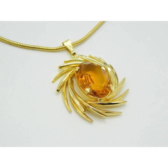 Pcraft Topaz Glass Rhinestone Gold Tone Starburst Pendant Necklace Vintage 1960s - Picture 2 of 5